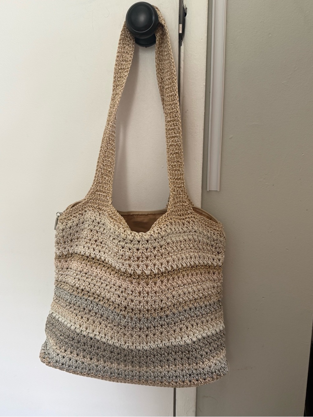 The Sak Crochet Shoulder Bag Tote Neutral Beige Taupe Striped Boho